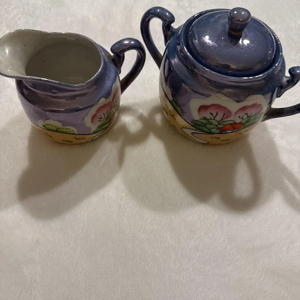 Vintage Japan Lusterware Creamer & Sugar Bowl Blue Peach Road Scene